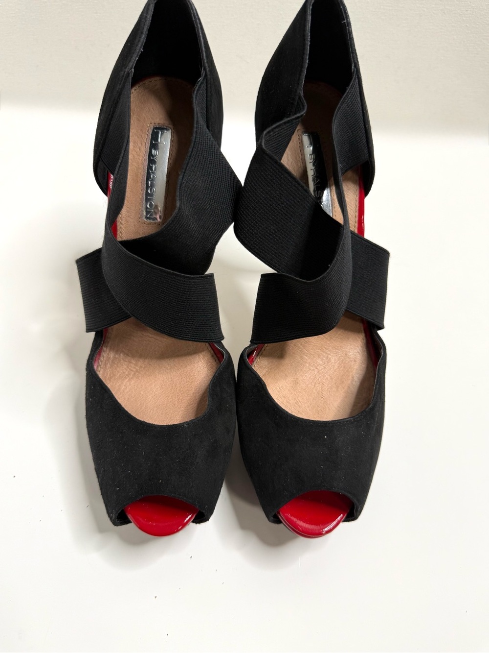 H by Halston Black Suede Peep-Toe Crisscross Heels with Red Sole Size 9.5